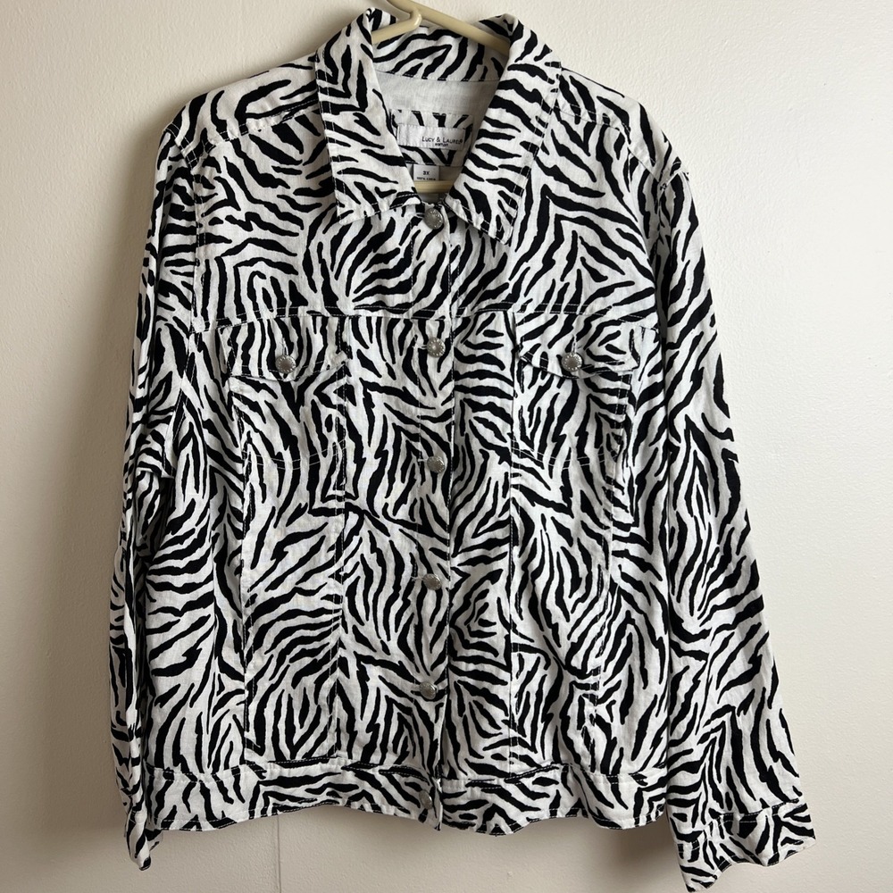 Anthropologie Lucy & Laurel 100% Linen Light‎ Jacket Plus Size 3X Trucker Zebra